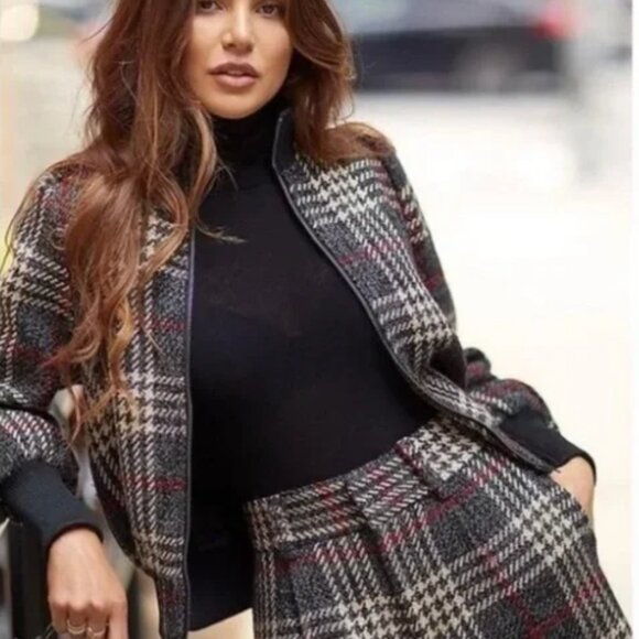Express x Negin Mirsalehi Plaid Cropped Bomber Jacket - Picture 6 of 6